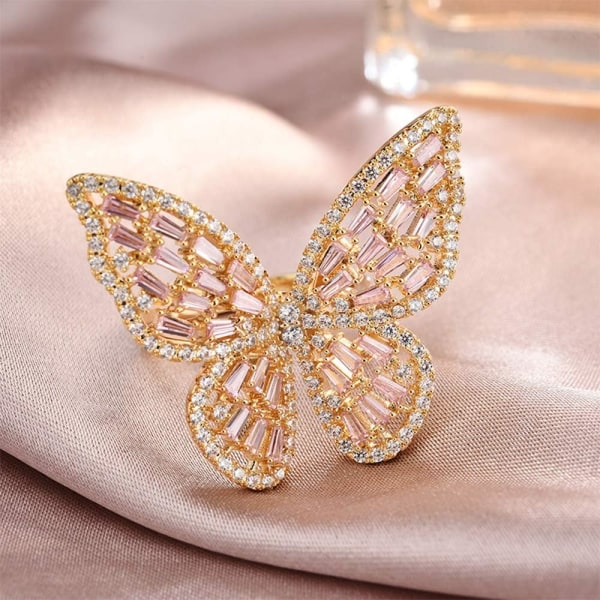 Cubic Zirconia Butterfly Ring med Glitrende Krystall Sløyfe Knuckle