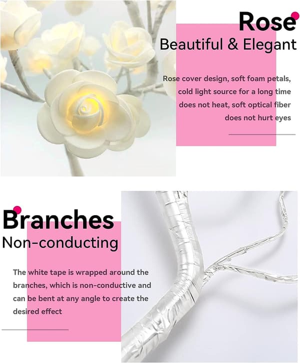 Rose Blomstertræ Natlys Julebonsai Lampe USB Batteri