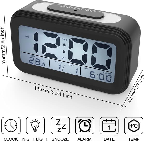 Svart Digital Väckarklocka Morgonväckarklocka, Tyst Batteridrift