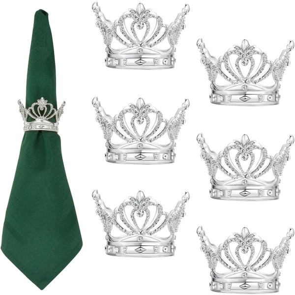 Silver Servettringar Set om 6 - Krona Rhinestone Julservett