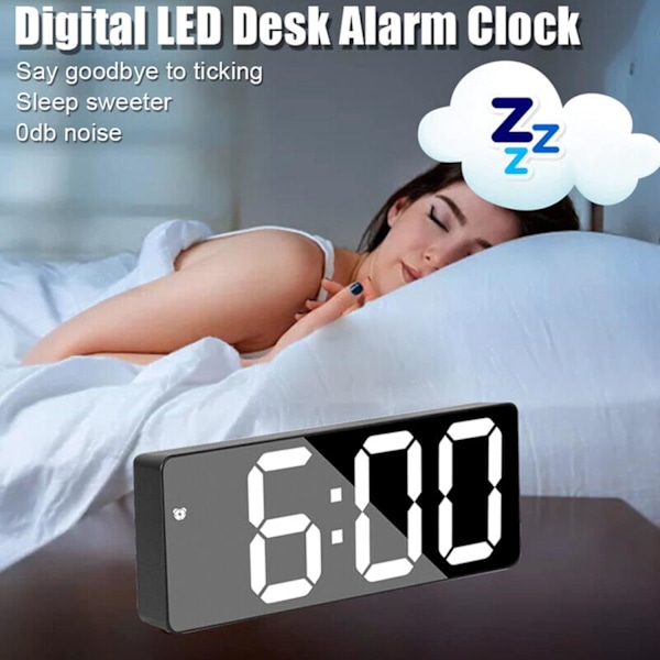 1 st digital väckarklocka med LED-display, spegelalarmklocka, batteridriven, pluggbar, dubbel användning, snooze, nattläge