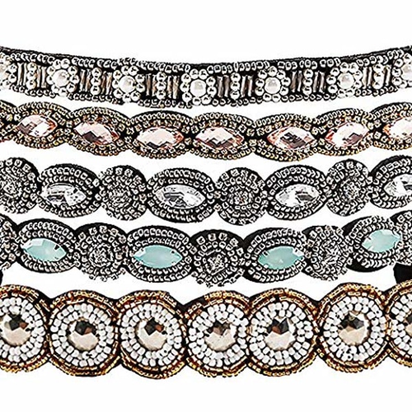 Rhinestone-besatt elastisk pannebånd, håndlaget krystallperle