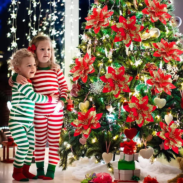 10 stk Kunstige Gullrøde Julerosa Sølvblomster Julepynt DXGHC