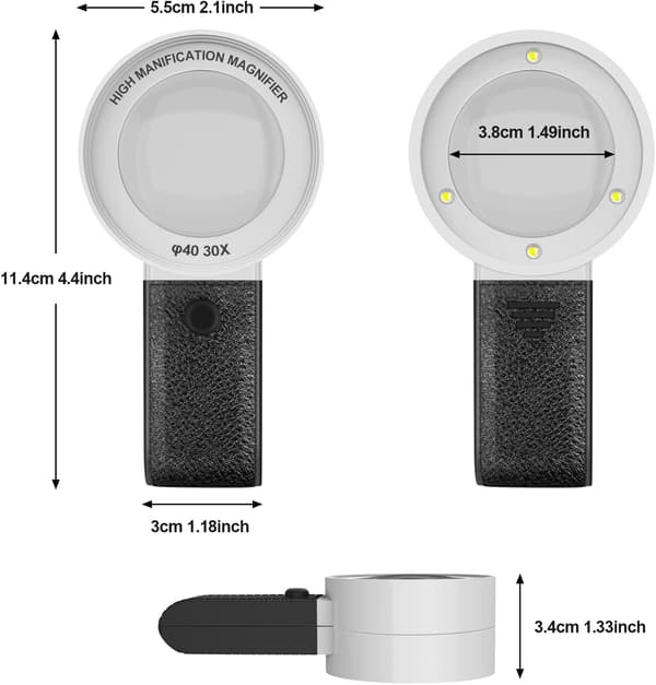 30X Forstørrelsesglas med 3 LED-lys og UV-lys, ridsefast