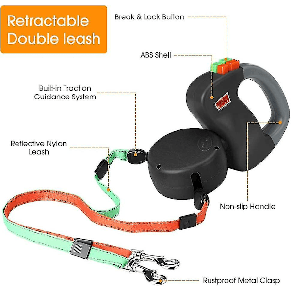 Dubbel koppel hundkoppel, Retractable hundkoppel Dubbel koppel för två hundar Hundkoppel 2 hundar Dubbel koppel,svart--