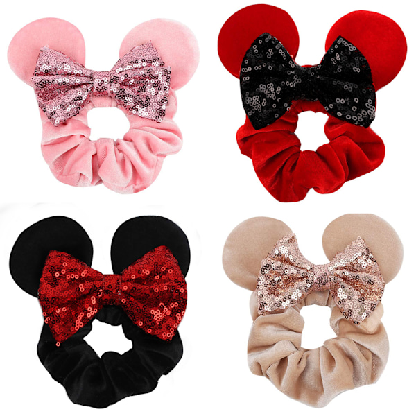 4 stk. Fløjlsmusøre Scrunchies Blanke Sequin Bows Scrunchies C