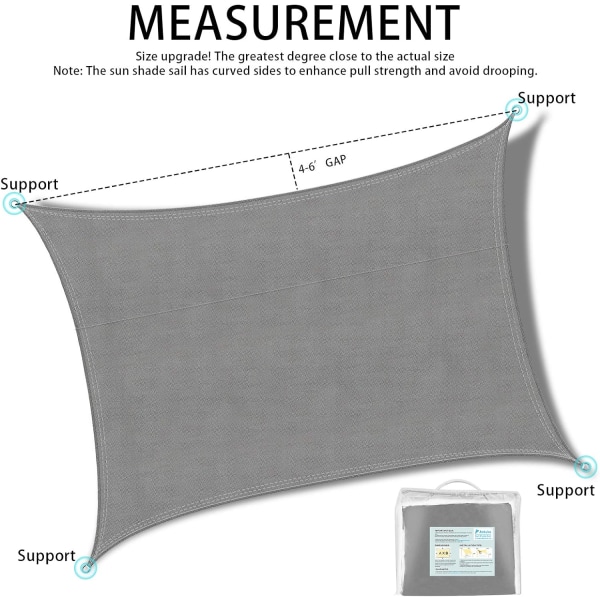 2x3m Grå Rektangulær SkyggeSeil, Vanntett UV-Beskyttelse Kan
