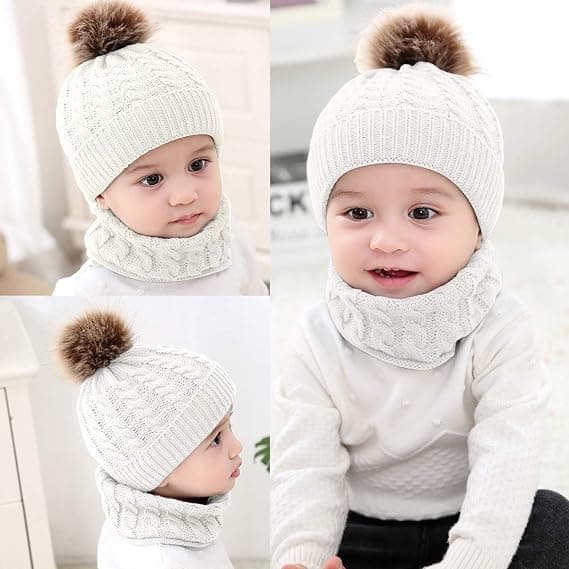 2 stk. Strikket lue og skjerf til småbarn, vintervarm beanie med pompom