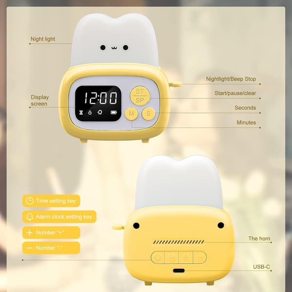 Sød Timer med Ur og Natlampe, Mini Brødrister Formet Lampe