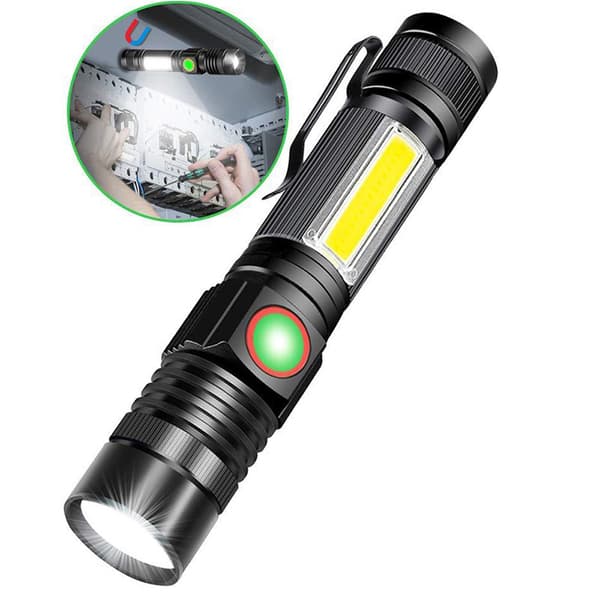 T6+COB lommelykt USB-lading utendørs zoom med magnet multifunksjon