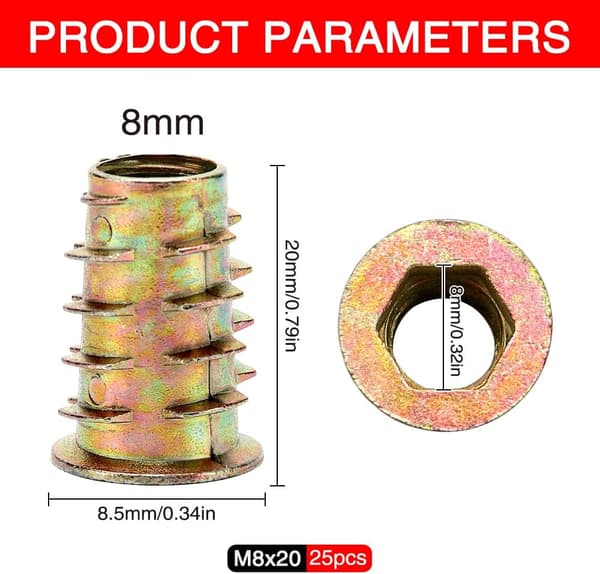 25 stk. M8x20 Zink Legering Hex Møtrikker Sortiment, Møbel Hex Soc
