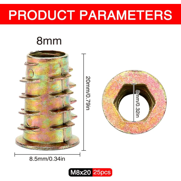 25 stk. M8x20 zinklegering sekskantmøtrikker Sortiment, Møbler Hex Soc