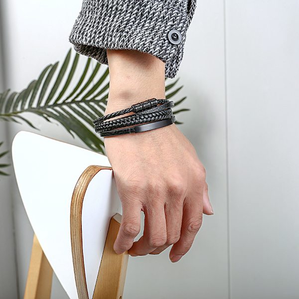 Læderarmbånd med flettet rustfrit stål til mænd - Vint