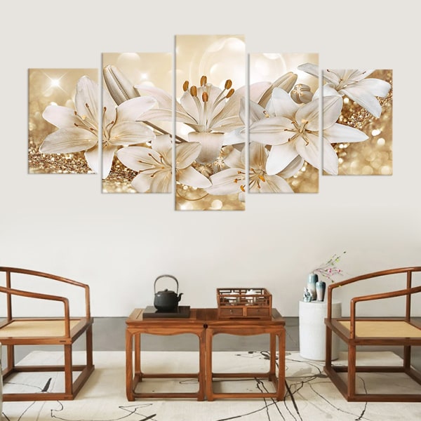 （Gyllene）5 Paneler Kärleksblommor Canvas Väggkärnmålning