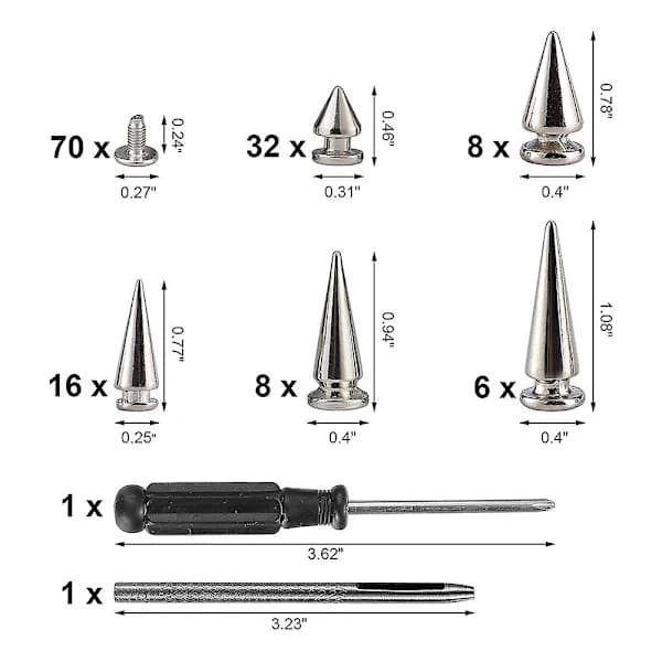 70 set Silver Mixed Shape Spikes och Dubbs Cone Croc Spikes Lädernitsats för kläder Skor B silver