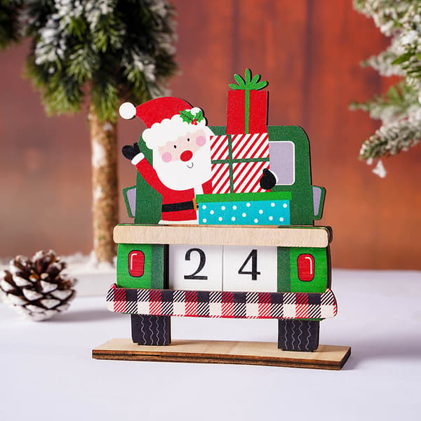 2 stk. Julepynt Træbil Julemandskalender, Malet