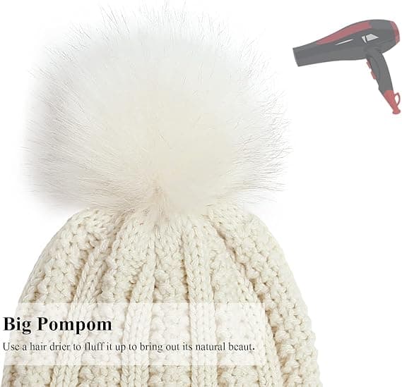 Vinter Beanie Hat til Kvinder med Satinfor og Kunstig Pels Pom Pom