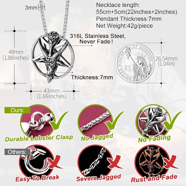 Baphomet Inverted Pentacle Halskjede, Satanisk Geitehode Smykke, S