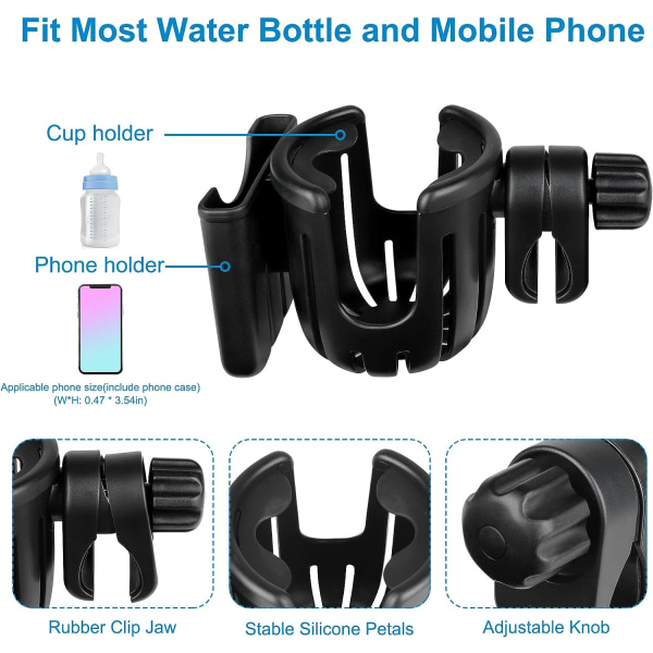 Barnevognkoppholder med telefonholder, sykkelkoppholder, 2-i-1