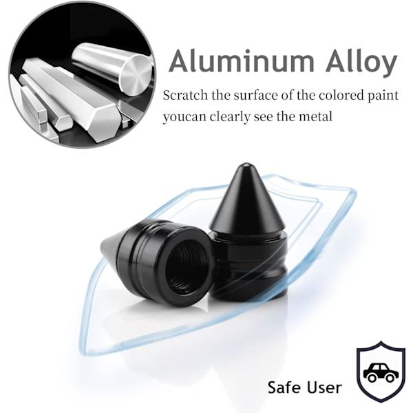 (Sort) Dækventilhætter til bil, 4 stk. Universal Aluminium Legering