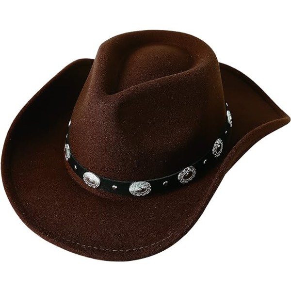 Hatt med bred brem for kvinner og menn - Filt, vestlig cowboyhatt, beltespenne, Panama