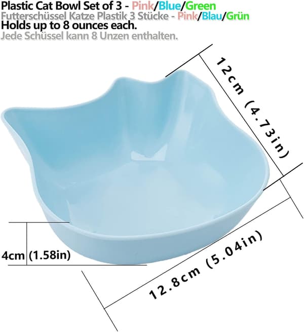 Set med 3 kattmatskålar - Plast - Rosa - Blå - Grön
