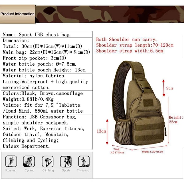 Crossbody Taske Skulder Bryst Taktisk Taske Cykling Vandreture Rygsæk