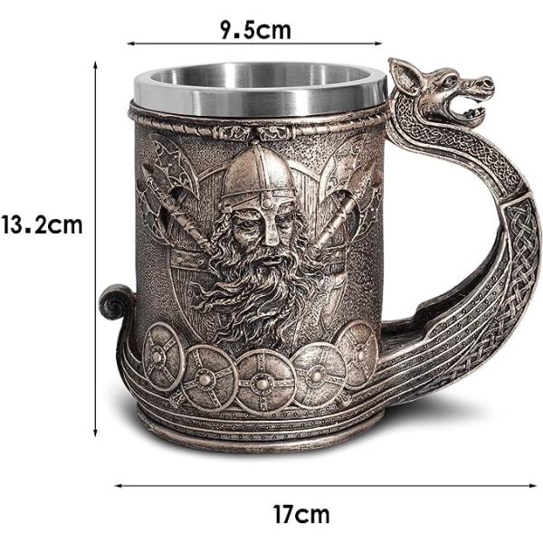 Øl- og kaffekrus i rustfrit stål med vikinge-skibsmotiv i bronze