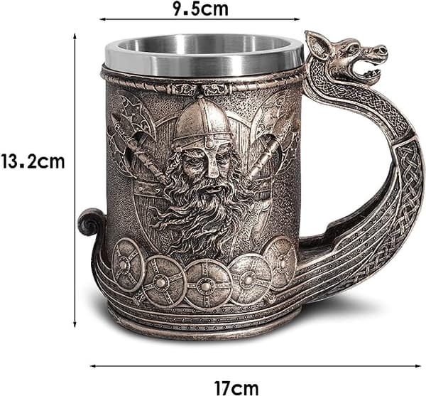 Øl- og kaffekrus i rustfritt stål, middelalder-norrønt viking skip, bronse