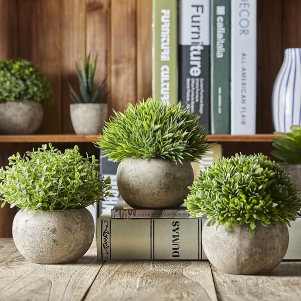 Sett med 3 kunstige innendørs planter med grønt gress i grå potter, S