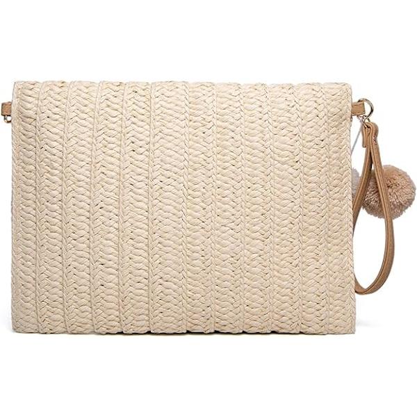 Halm axelväska Halmkoppling Kvinnor Handvävda PomPom Halm Crossbody väska Sommar Strand Kuvert Plånbok（Beige）