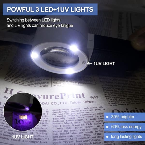 30X Forstørrelsesglas med 3 LED-lys og UV-lys, ridsefast
