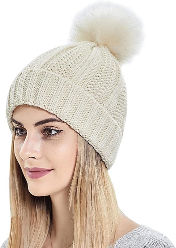 Vinter Beanie Hat til Kvinder med Satinfor og Kunstig Pels Pom Pom