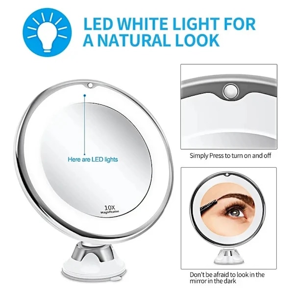Makeup Mirror with Suction Cup, LED Light and x10 Magnification White