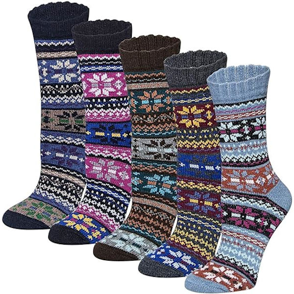 5 Par Damsockor i Ull, Varma Termiska Stickade Damsockor