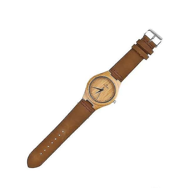 Bambu träklocka med Crazy Horse läderarmband kvarts analog vardaglig