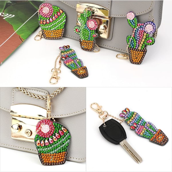 4 stycken DIY 5D Kaktus Diamantmålning Nyckelringar, DIY Rhines DXGHC