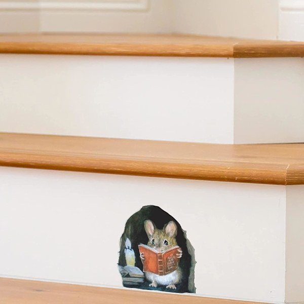 3 stk. 3D Realistiske Mus Vægstickers, Mus Læser Bog Vægsticker