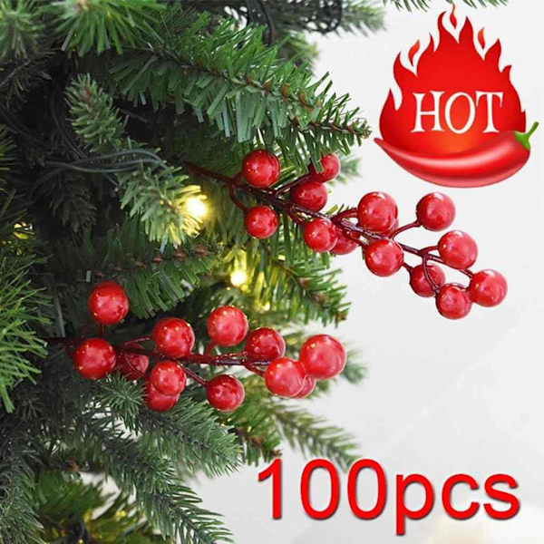 100 stk. Kunstige Lyse Røde Mos Holly Bær Hjem Garland Chri