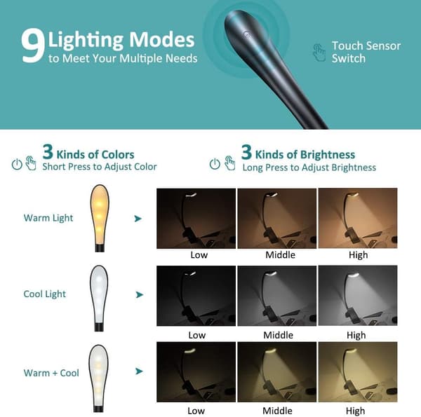Leselys, 7 LED Leselys Oppladbart Klippelampe, 360° F