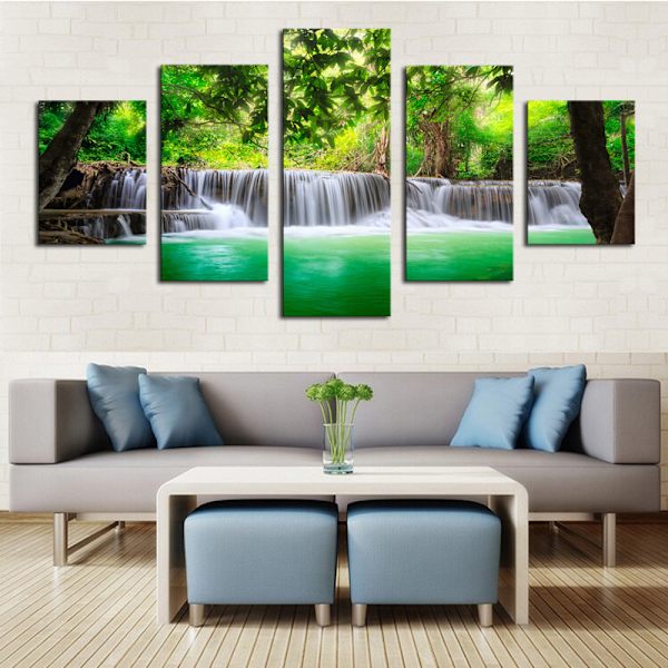 Canvasbilder Heminredning Väggkonst Posters 5 Stycken Grön Vattenfall