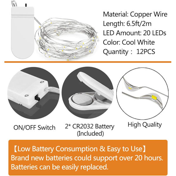 Batteridrevne Fe-lys, 20 LED'er 2M Kobber Fe-lys, IP