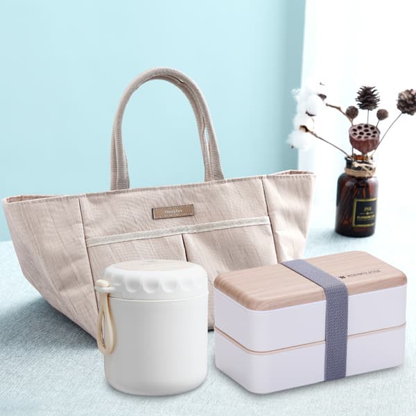 3-delad set Trästruktur Plast Dubbellagers Lunchbox Soppkopp