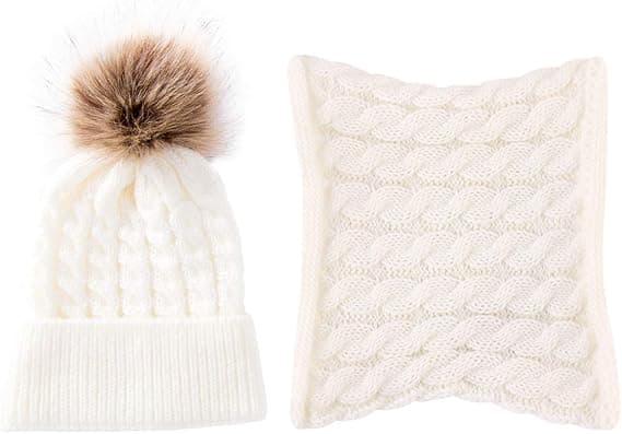 2 stk. Strikket lue og skjerf til småbarn, vintervarm beanie med pompom