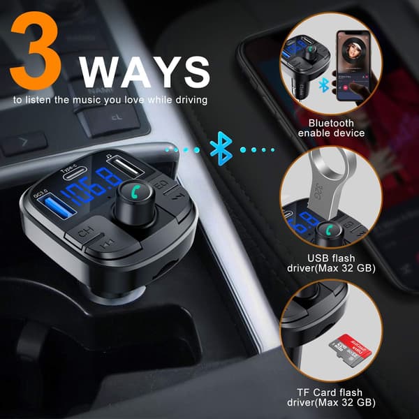 Bluetooth 5.0 FM-sender, Handsfree bilsett med QC3.0 US DXGHC