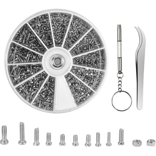 Sæt med 1000 stk. Skruer og Møtrikker Assorteret Briller Reparationskit Små Sc