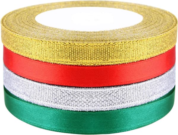 4 st 10mm (Röd/Grön/Guld/Silver) Satängband Silver Guld Glitter