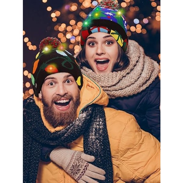 2 Stykker Jule LED Lysende Beanie Hat Ugly Sweater Strikket Hat