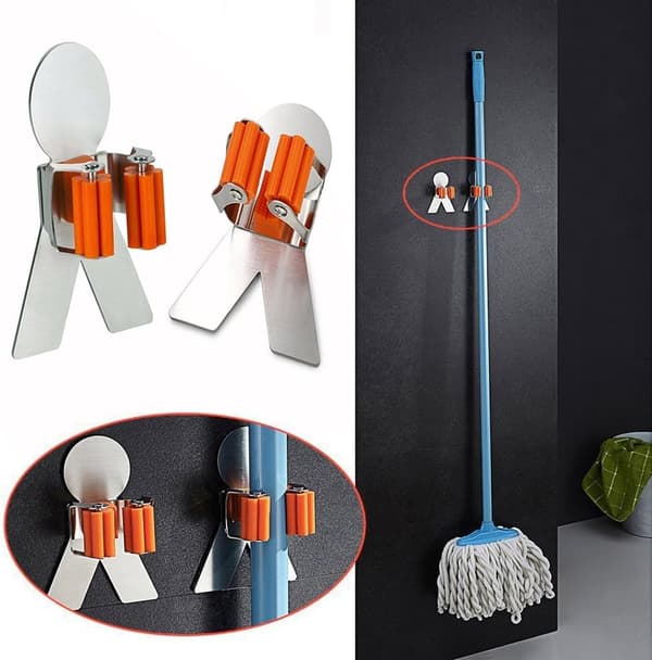2 stk Rustfritt Stål Moppholder, Multifunksjonell Veggmontert Oppbevaring