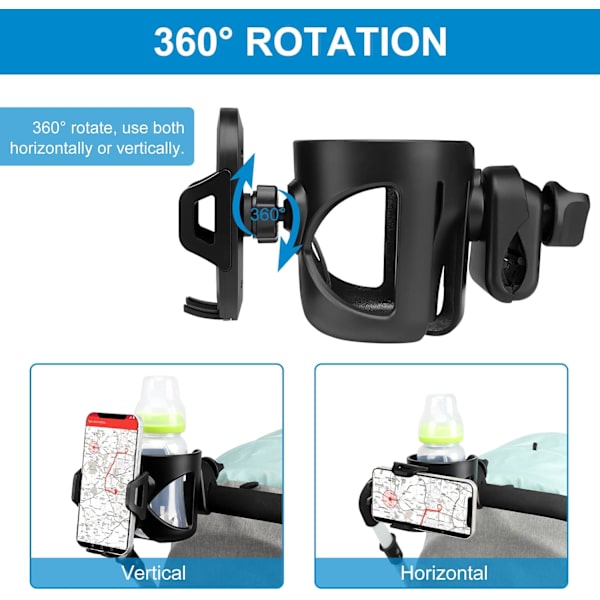 Universal koppholder med telefonholder/feste, 2-i-1 barnevogn